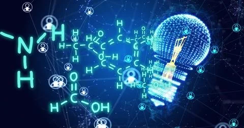Image of element diagrams and icons over light bulb and networks on blue Illustrazione stock