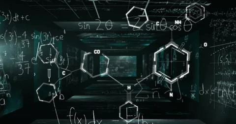 Image of element diagrams and mathematical equations over large interface Stock Illustration
