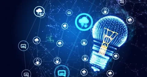 Image of element diagrams over light bulb and data networks on blue background Illustrazione stock