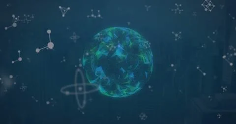 Image of element networks over glowing globe on dark background Stock Photos