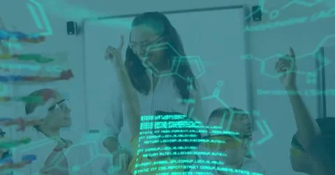 Image of elements and data over diverse female teacher and schoolchildren in Fotos Stock