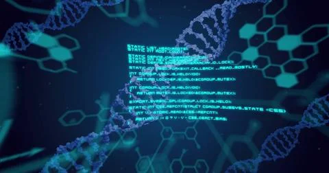 Image of elements and data processing over dna strands on dark background Stock Illustration