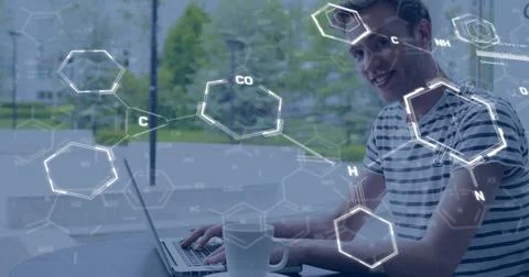 Image of elements and data processing over happy caucasian male student using 스톡 사진