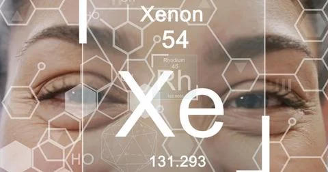 Image of elements and molecular strcutures over eyes of smiling biracial female Fotos Stock