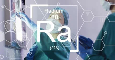 Image of elements and molecular structures over asian female surgeon talking to 写真素材