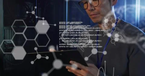 Image of elements, brains and data processing over asian male technician working 写真素材