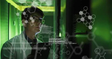 Image of elements, charts and data processing over asian male technician working Fotos Stock