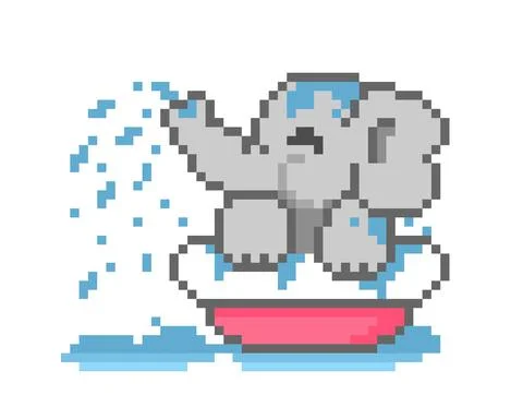 Image of elephant bathing in pixel art for game assets. 스톡 일러스트