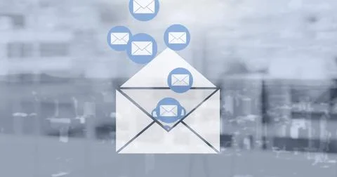 Image of email envelope icons over cityscape Stock Photos
