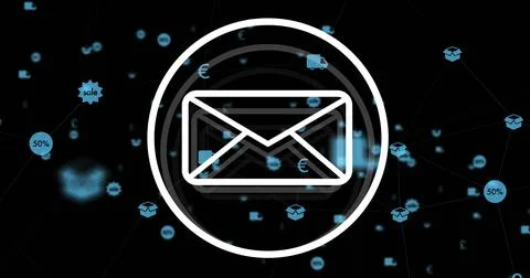 Image of email icon and network of connections on black background Stock Illustration