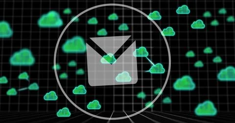 Image of email icon, data processing and clouds over dark background Illustrazione stock