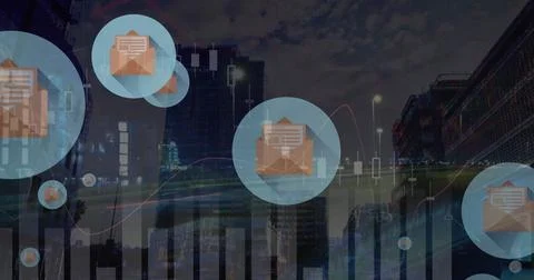 Image of email icons and data processing over cityscape Stock Photos