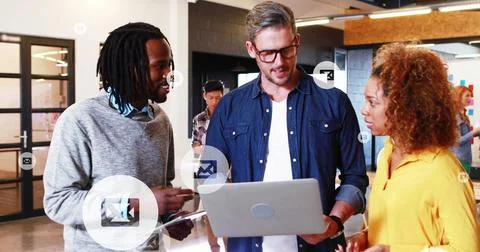 Image of email icons data processing over diverse business people in office Stock Photos