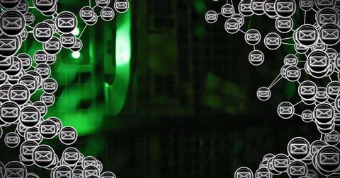 Image of email icons over computer wires Stock Illustration