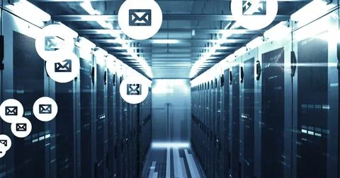 Image of email icons over computer servers Stock Photos