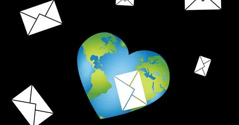 Image of emails floating over heart shaped globe on black background Stock Illustration