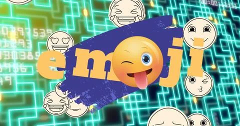 Image of emoji icons and data processing over network of connections イラスト素材
