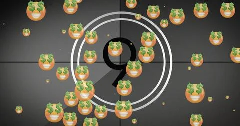 Image of emoji icons over countdown on black background Illustrazione stock