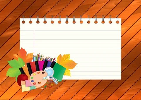 Image of empty note, card, paper, with school supplies, equipment, accessorie Illustrazione stock