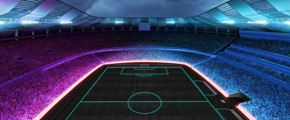 Image of empty stadium and neoned colorful flashlights background. Concept of Stock Illustration