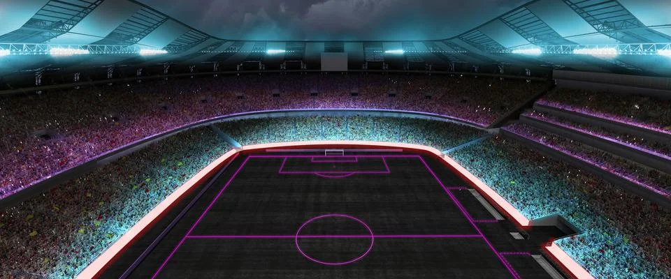 Image of empty stadium and neoned colorful flashlights background. Concept of Stock Illustration