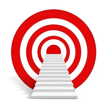 Image of empty stairs toward a red dartboard on white background Stock Illustration