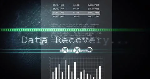 Image of encrypted data transfer over bar and line graphs with text Stock Illustration