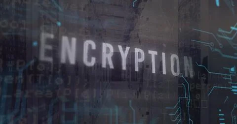 Image of encryption text and computer language over server room Stock Photos