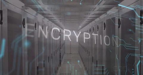 Image of encryption text and data processing over server room Stock Illustration