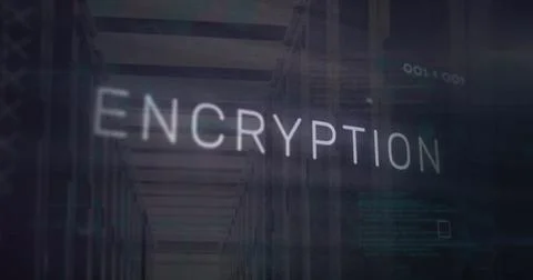 Image of encryption text and digital data processing over computer servers Foto stock