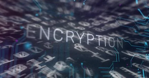 Image of encryption text banner over binary coding and microprocessor Stock Photos
