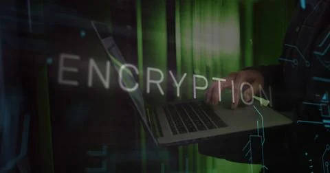 Image of encryption text over caucasian man using laptop in server room Stockillustratie