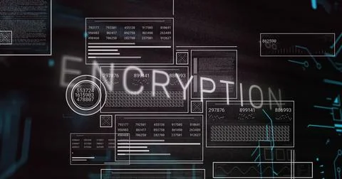 Image of encryption text over graphs, loading bars, circles and binary codes on Stock Photos