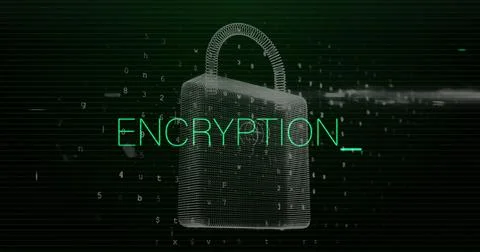 Image of encryption text over padlock and data processing 스톡 사진