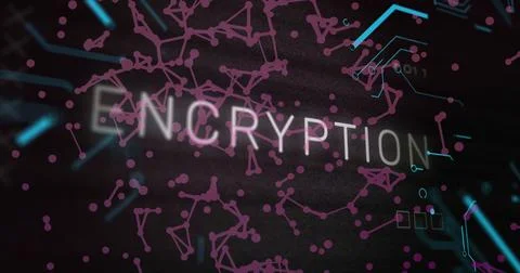 Image of encryption text, x symbol, circuit board pattern, floating dots forming 写真素材