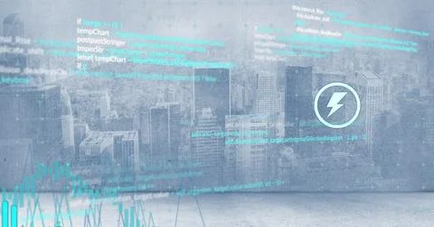 Image of energy icons and processing data over cloudy cityscape Stock Photos
