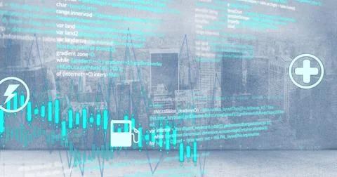 Image of energy icons and processing data over cloudy cityscape 스톡 사진