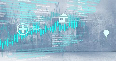 Image of energy icons and processing data over cloudy cityscape Stock Photos