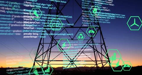 Image of energy icons and processing data over electric pylon in sunset Stock Photos