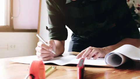 Image of engineer drawing a blue print design building or house, An engineer Fotos de archivo