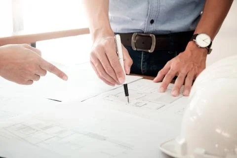 Image of engineer meeting for architectural project. working with partner and Stock Photos