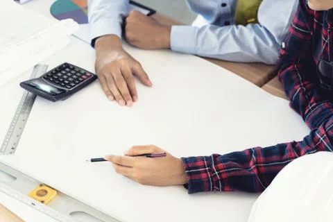 Image of engineer meeting for architectural project. working with partner and Stock Photos