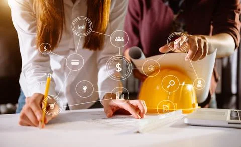 Image of engineer meeting for architectural project. working with partner a.. Stock Photos