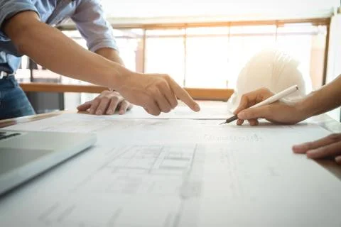 Image of engineer or architectural project, Close up of Architects engineer's Stock Photos