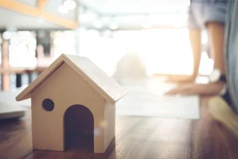 Image of engineer or architectural project, Close up of small house model and Stock Photos