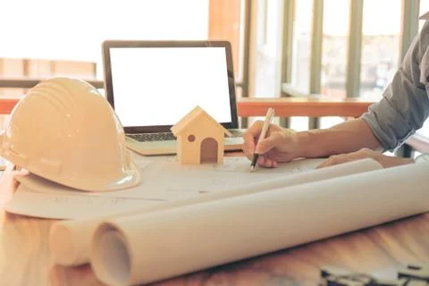 Image of engineer or architectural project, Close up of engineer's hand drawi Stock Photos