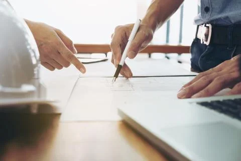 Image of engineer or architectural project, Close up of hands architects engi Stock Photos