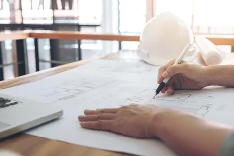 Image of engineer or architectural project, Close up of Architects engineer's Stock Photos