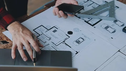 Image of engineering objects on workplace with three partners interacting o.. Stock Footage 239971067