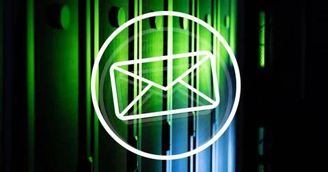 Image of envelope and circle over server room Stock Illustration